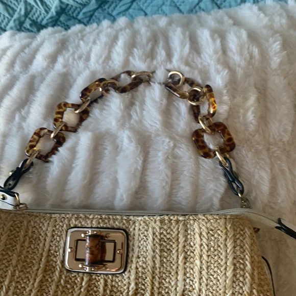 Sondra Roberts Squared straw and white leather handbag EUC - Picture 2 of 9